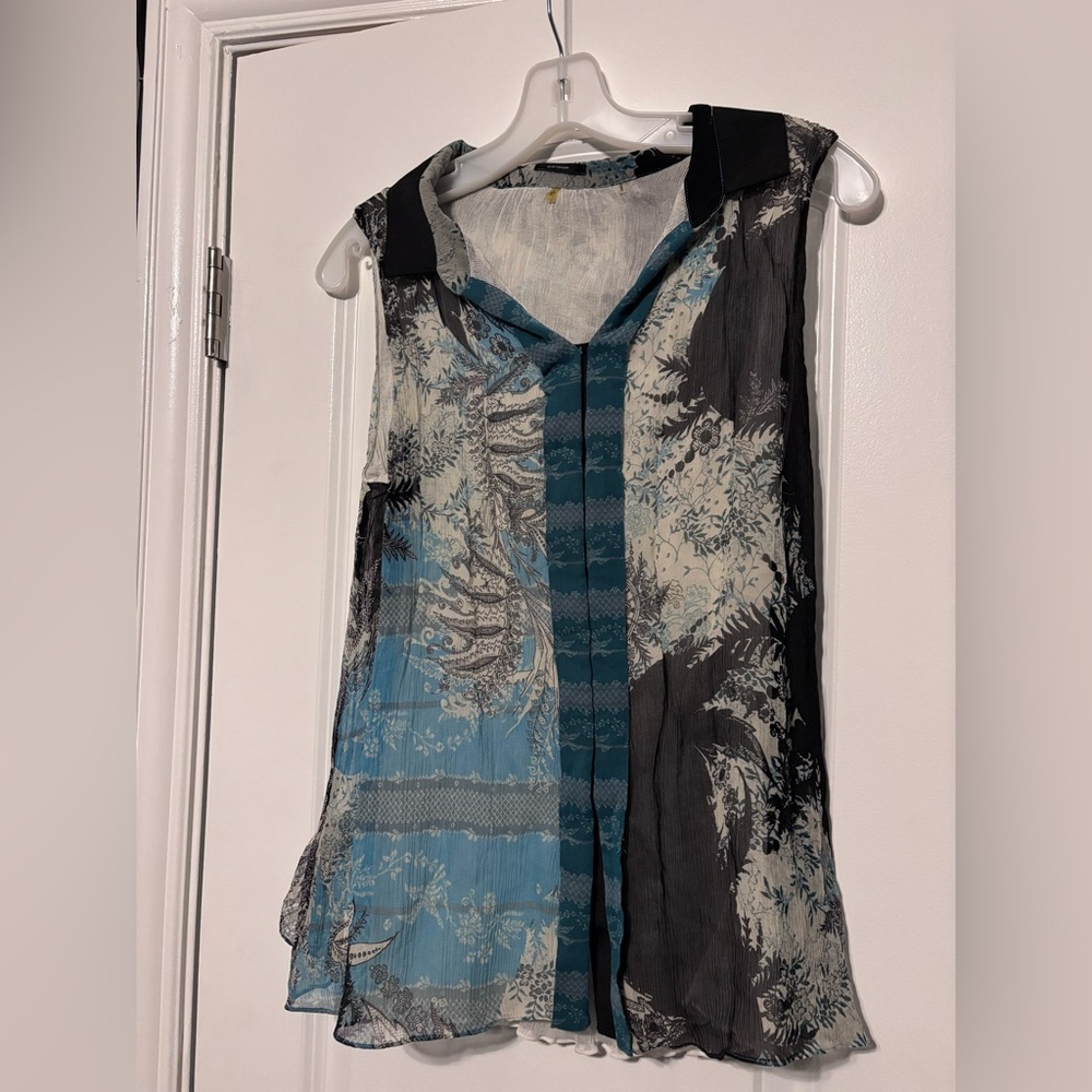 Elie Tahari Blue Black Floral Sheer Collared Camisole